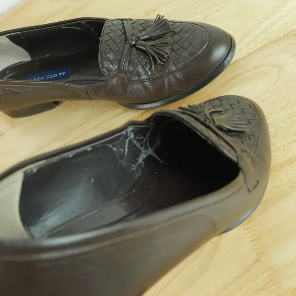 Vintage 8 Woven Leather Tassel‎ Loafers Preppy Slip On Flats Heritage Brown 90s